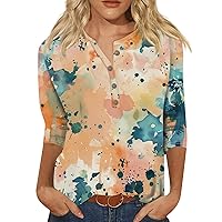 Womens Plus Size 3/4 Sleeve Tops 3/4 Length Sleeve Womens Tops 2024 Casual Trendy Print Loose Fit with Henry Collar Oversized Tunic Shirts Saffron 3X-Large