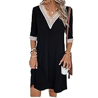 Womens Dresses Guipure Lace Panel Dress - Casual Colorblock V Neck Tunic with Half Sleeve