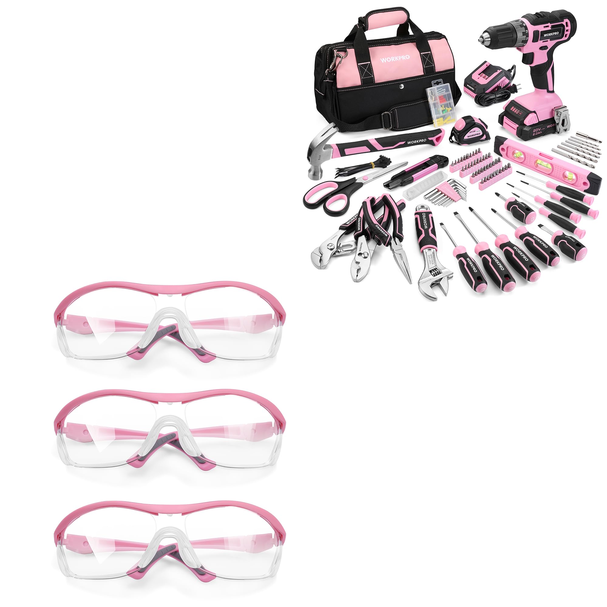 WORKPRO Pink Home Tool Kit with Drill, 3 pack Safety Glasses Z87.1 Anti Fog UV Protection Safety Goggles Ideal for Carpentry Construction Lab Travel Dental