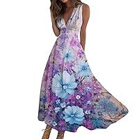 Dresses for Women 2024 Winter, Sexy Sleeveless Dress V Neck Boho Floral Printed A Line Ruffle Hem Mini Summer Dresses Cute Casual Maxi Dress Long Sparkly Bridal Outfit Bodycon (XL, Purple)
