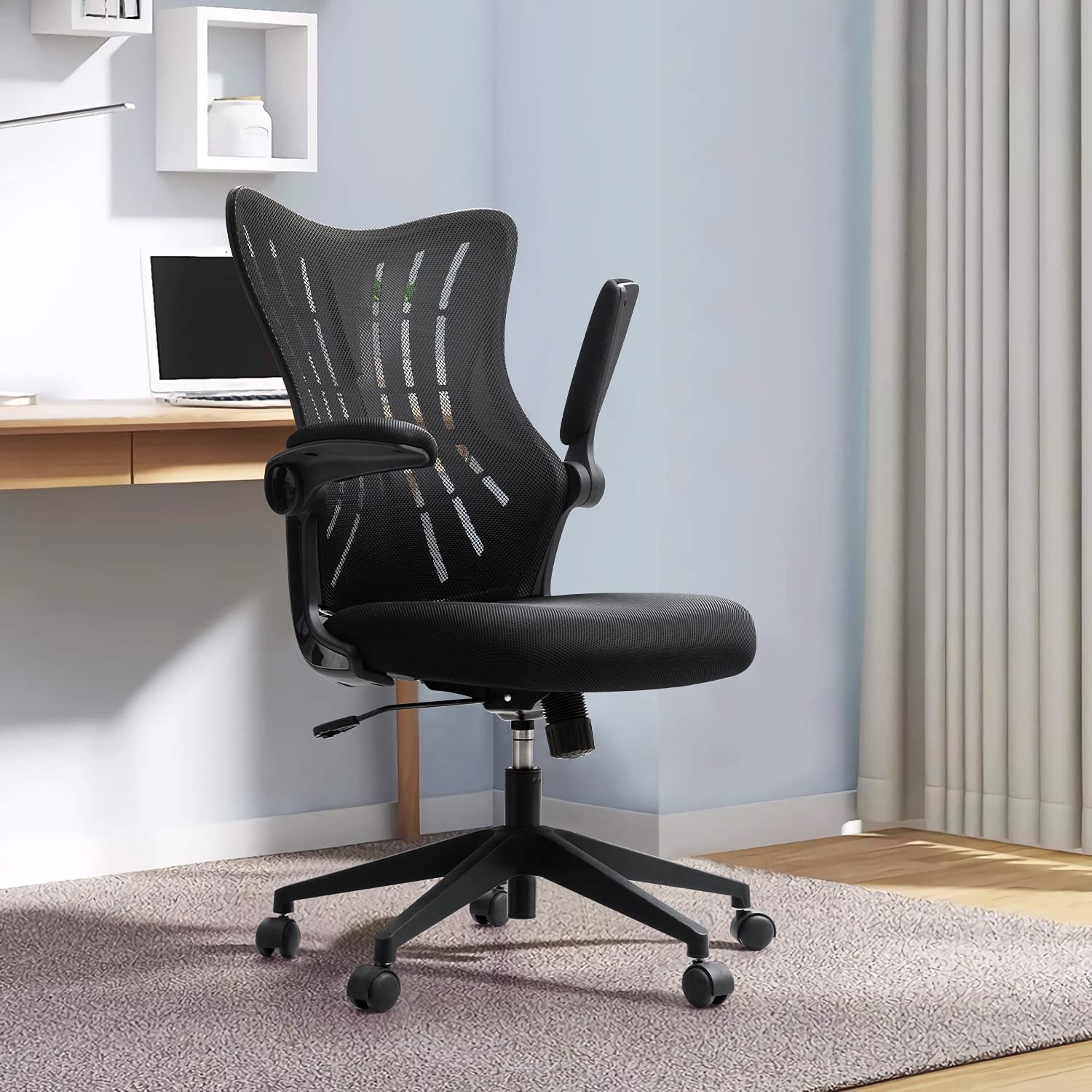 Furmax Office Desk Chair with Flip Up Arms, Mesh Mid Back Computer Chair Swivel Task Chair with Ergonomic Lumbar Support