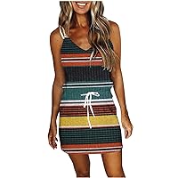 Summer Dress,Women Stripe Dresses Rainbow Mini V Neck Dress Spaghetti Strap Sleeveless Dress Summer Cute Sweate