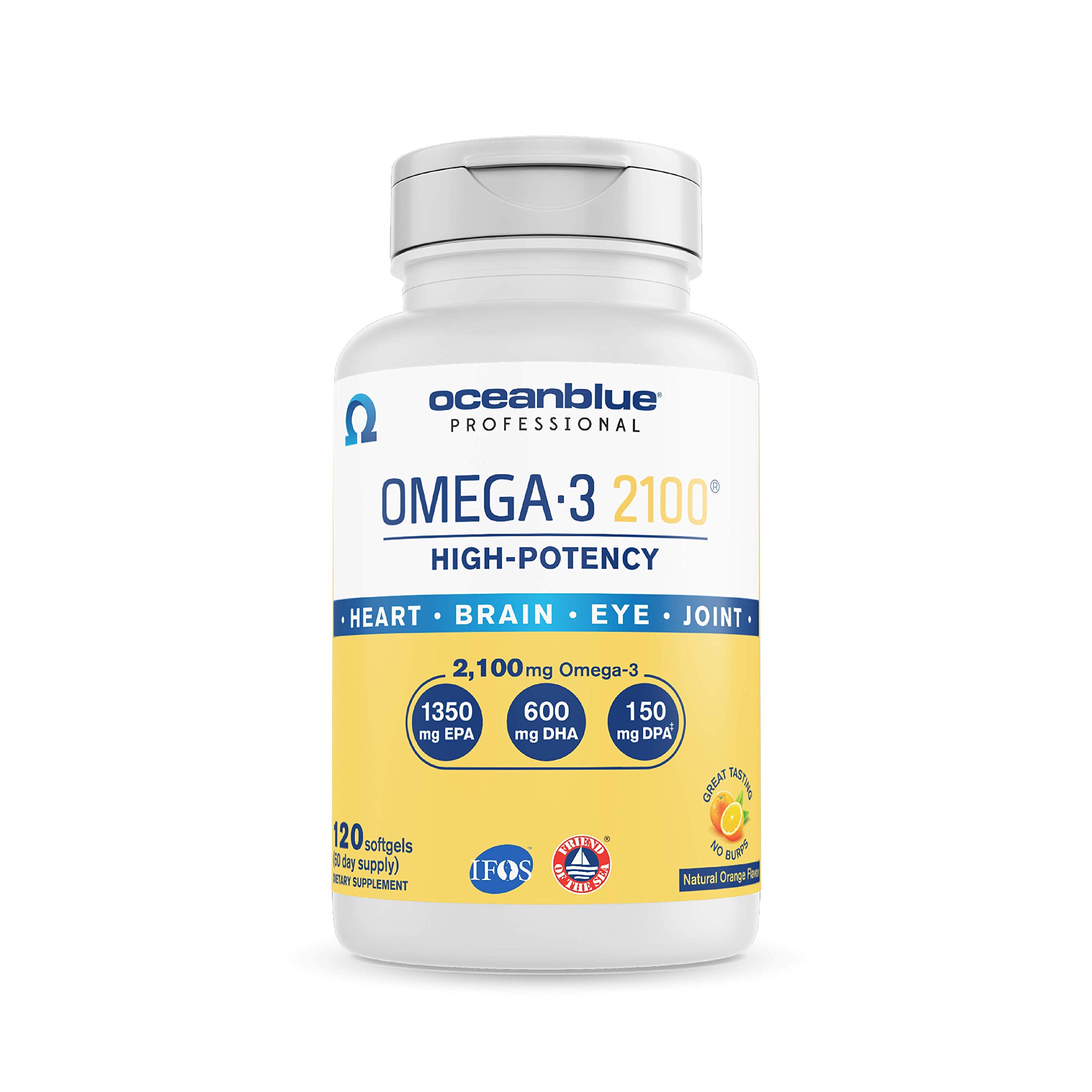 Oceanblue Omega-3 2100 – 120 ct – Triple Strength Burpless Fish Oil Supplement with High-Potency EPA, DHA, DPA – Wild-Caught – Orange Flavor (60 Servings)