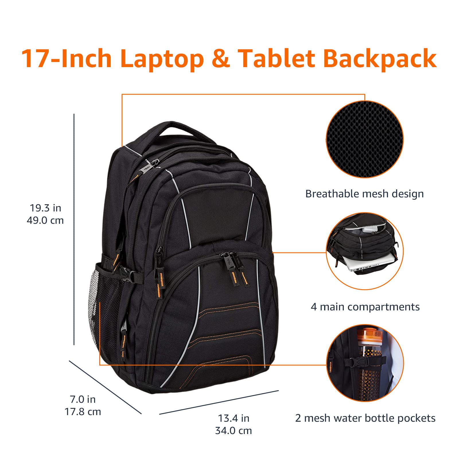 Amazon Basics Laptop Backpack Fits Up to 17-Inch Laptops, Black