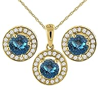 Sabrina Silver 14K Yellow Gold Natural London Blue Topaz Earrings and Pendant Set with Diamond Halo Round 5 mm