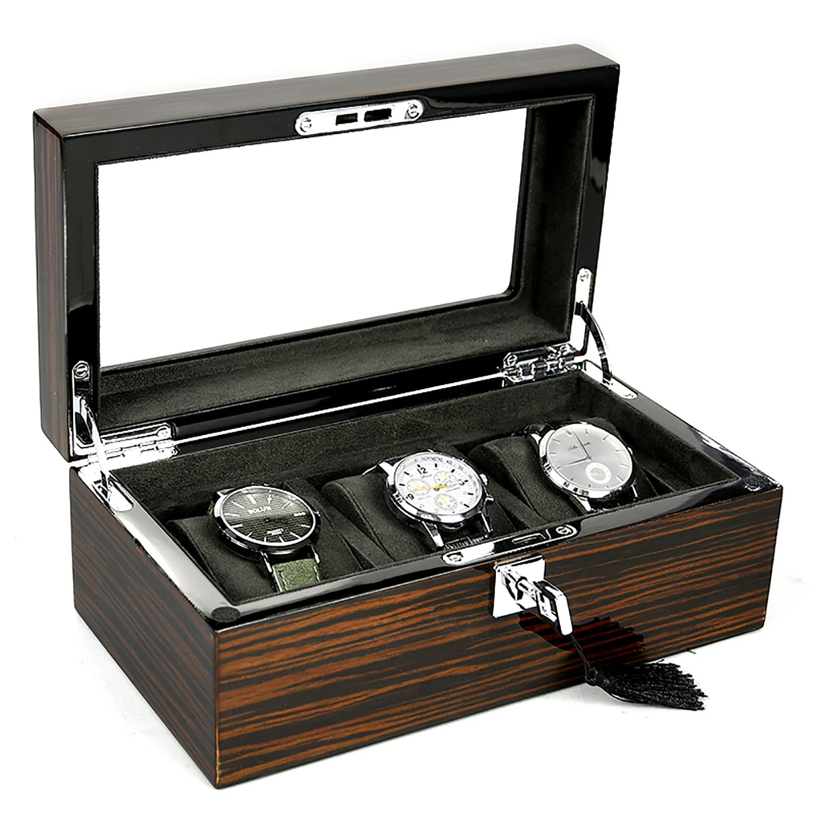 Multifunctional 3-slot Storage Case, Wooden Jewelry Crafts Watch Box, Multiple Watch Display Boxes With Lids And Keys 0130B
