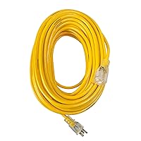 Yellow Jacket 2885 12/3 Heavy-Duty 15-Amp Premium SJTW Contractor Extension Cord with Lighted End; Ideal use With Heavy Duty Equipment and Tools; Durable Molded Plugs; 100 Feet; Yellow