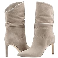 LEHOOR Women Stiletto Heel Slouch Boots Mid Calf Pointed toe Suede Calf Boots Pleated 3 inch Stiletto High Heel Short Boots Pull On Wide Calf Elegant Comfort Sexy Party 4-11 M US