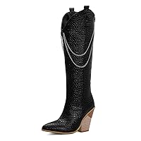 Women's Zipper Chain Knee High Boot Chunky Block Heel Fashion Winter Boots