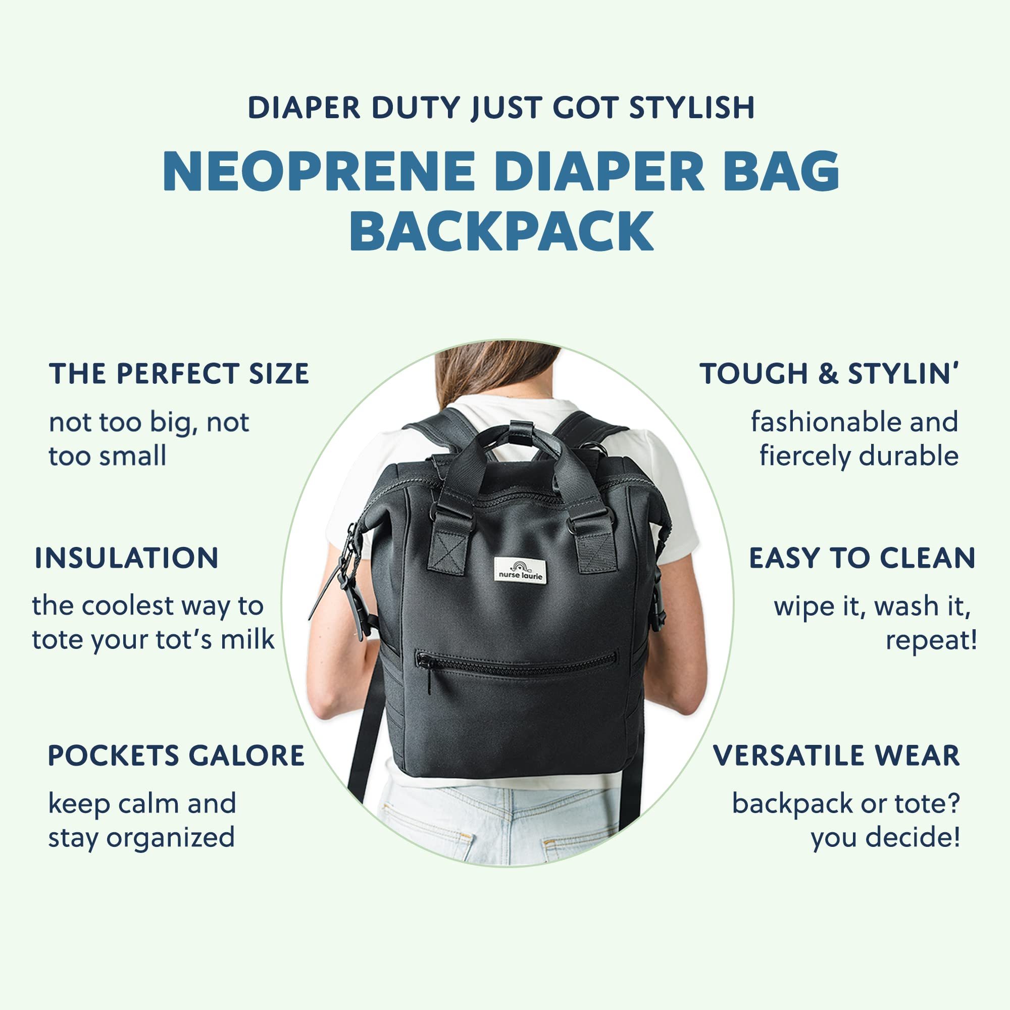Nurse Laurie Baby Diaper Bag Backpack with Changing Pad, Diaper Pouch & Stroller Straps - Multifunction, Insulated Pockets, Neoprene Diaper Bags - Travel Bag for Maternity and Baby Essentials - Black