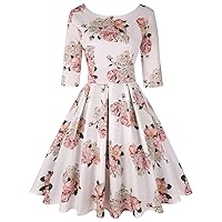 MINTLIMIT Women's Dress 3/4 Sleeve Calf-Length Retro Floral Vintage Dress Audrey Hepburn Style (Floral Pink White,Size M)