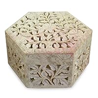 NOVICA Jali Soapstone Jewelry Box, Beige, White Jasmine'