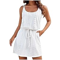 Womens Crochet Tank Dress Spaghetti Strap Hollow Out Scoop Neck Mini Dresses Casual Beach Knee Length Dress