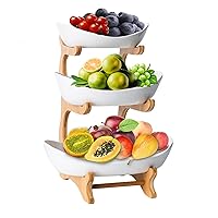 3 Tier Fruit Basket for Kitchen Ceramic Fruit Bowl With Bamboo Wood Stand for Kitchen Counter, Detachable Serving Tray, Fruit Bowl Set for Kitchen Party