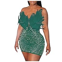 Womens Sexy Tube Top Dresses for Date Night Glitter See Through Feather Sequin Bodycon Dresses Party Club Mini Dress