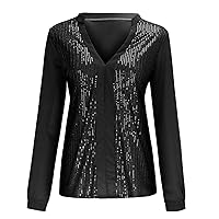 Sequin Tops for Women Long Sleeve V Neck Patchwork Comfy Fashion Glitter Sparkly Party Night Metallic Pullover Shirts