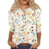 Plus Size 3/4 Sleeve Tops for Women,3/4 Length Sleeve Womens Tops Button Crew Neck Printing Shirts 2024 Summer Plus Sized Loose Fit Holiday Blouse Women's Tops