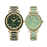 Diella Luxury Matching Watches for Couples Valentine's Day Gift, Self Winding Watches for Men and Women, Green and Dark Green Jade Watch with Gold Stainless Steel