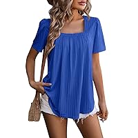 Women's Tops Fashion Casual Bubble Sleeve Square Neck Pressure Pleat T-Shirt Solid Colour Top Blouses Casual, S-2XL