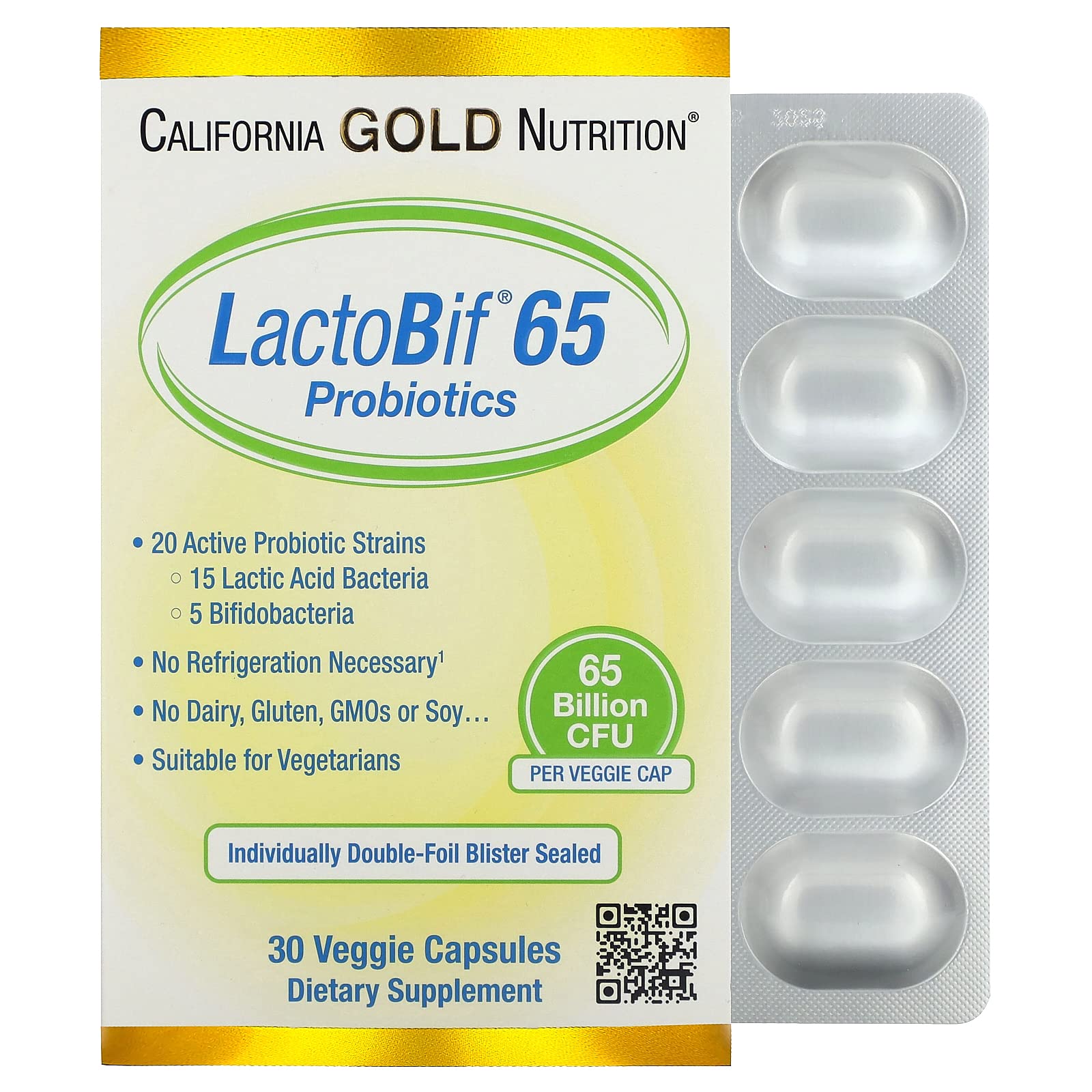 LactoBif Probiotics, 65 Bllion CFU, 20 Active & Clinically Researched Probiotic Strains, Soy-Free, Sugar-Free, Vegetarian, Individually Double-foil Blister Sealed, 30 Veggie Capsules