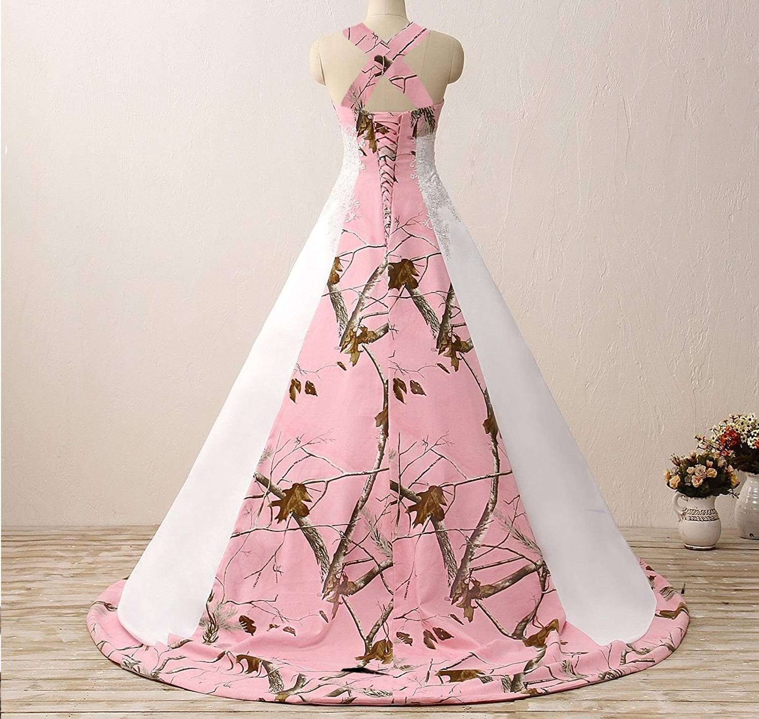 DINGZANCAMO Stiching Pink Camo and Lace Applique Wedding Dress for Bride 2024 with Straps