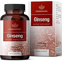 HERBAMAMA Ginseng Capsules - Brain Booster & Energy Supplements for Immune Support - Korean Red Panax Ginseng Extract - Non-GMO - 1600mg, 100 Caps