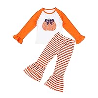 iiniim Kids Baby Girls Pumpkin Halloween Outfit Long Sleeve Top with Striped Striated Bell-Bottoms Pants Casual wear