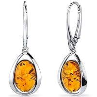 PEORA Genuine Baltic Amber Pendant Necklace, Earrings and Bracelet in Sterling Silver, Floating Oval Shape Design, Rich Cognac Color