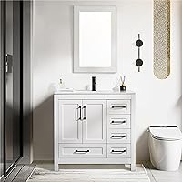 eclife 36'' Bathroom Vanities Cabinet with Sink Combo Set, Undermount Ceramic Sink with Thickened Wood, Matte Black Faucet, High-Definition Mirror, White