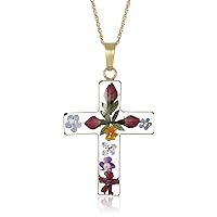 Amazon Essentials 14k Gold Over Sterling Silver Pressed Flower Multi-Colored Cross Pendant Necklace (previously Amazon Collection)