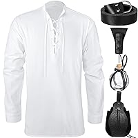 Halloween Men's Renaissance Costume Viking Pirate Shirt with Medieval Leather Belt Pouch Potion Bottle Sword Frog
