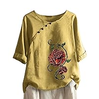 Linen Button Down Shirt Women Crewneck Casual Shirt Fashion Rose Print Loose Fit Short Sleeve Cotton Linen Blouse