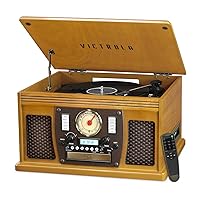 8-in-1 Bluetooth Record Player & Multimedia Center, Built-in Stereo Speakers - Turntable, Wireless Music Streaming, Real Wood | Oak
