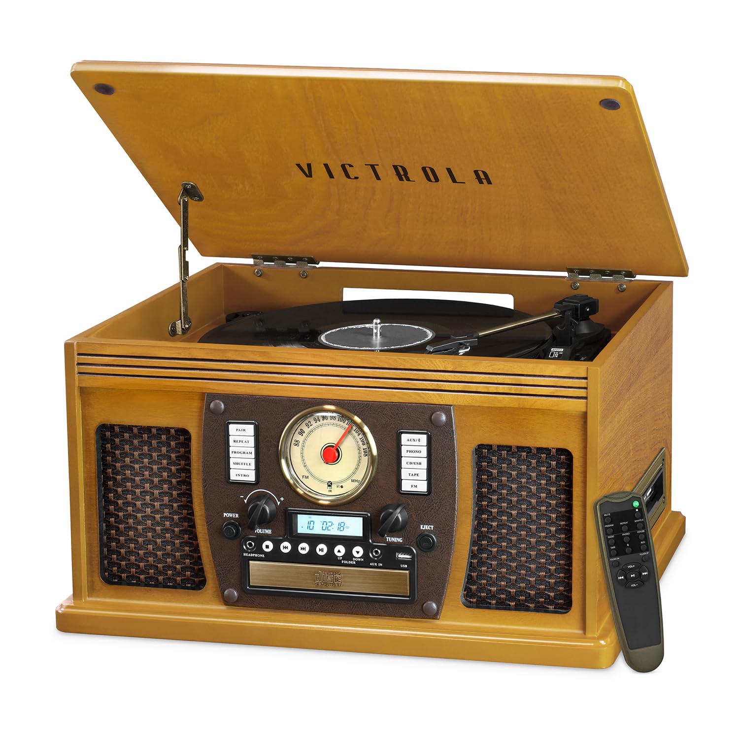 Victrola 8-in-1 Bluetooth Record Player & Multimedia Center, Built-in Stereo Speakers - Turntable, Wireless Music Streaming, Real Wood | Oak