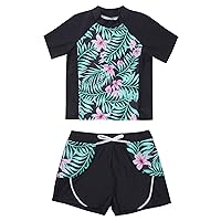 CHICTRY Kids Girls Floral 2 Pcs Rash Guard Sets Short Sleeve Shirts with Swim Shorts Atheltic Swimsuit