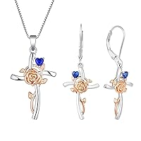 YL Cross Pendant Necklace 925 Sterling Silver Flower Rose Crucifix Dangle Earrings Created Sapphire Criss Jewelry for Women