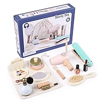 Pretend Play,Wooden Beauty Salon Toys for Girls, Make Up Set Toy Gift,15 Pieces Makeup Play Set with Makeup,Perfume,Lipstick,Mirror, Hair Dryer,Mascara, Cosmetics Case and Storage Bag