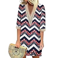 American Flag Dress Women Summer Fashion Casual Independence Day Printed Loose V Neck 3/4 Sleeve Dress