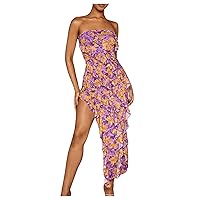 MakeMeChic Women's Floral Print Bandeau Tube Dress Sleeveless Ruffle Pencil Maxi Long Dress