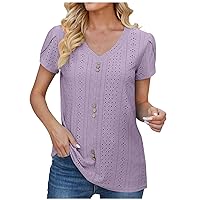 Women's Summer T-Shirt Eyelet Petal Sleeve Dressy Casual Tops Loose Fit V Neck Shirts Trendy Classy Tunic Blouses