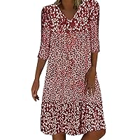 Casual Boho 3/4 Sleeve Dress for Women Floral Printed V Neck Loose Midi Dress Summer Beach Flowy Cover Up Sundresses