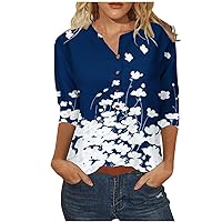 Women's Casual 3/4 Sleeve Tops Fashion Floral Printed Round Neck Button Up Basic Tunic Tops T-Shirts Dressy Blouses