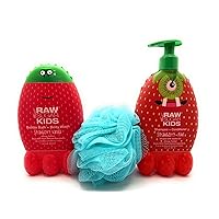 Kids Bundle by Raw Sugar : (1) 2-in-1 Strawberry + Kiwi Shampoo & Conditioner, (1) Strawberry Vanilla Bubble Bath & Body Wash 12 oz Each (Pack of 2) + Loofah.