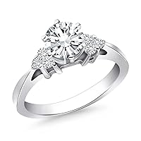 14k White Gold Cathedral Engagement Ring with Side Diamond Clusters