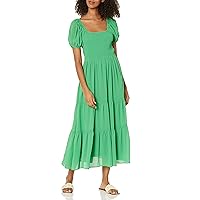 MOON RIVER Women's Puff Sleeve Tiered Shirred Smock Midi Dress