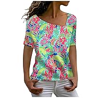 Women's Printed L-Neck Short Sleeve Top Blouse Summer Fashion Casual Tees Basic Loose Comfortable Bottom T Shirt