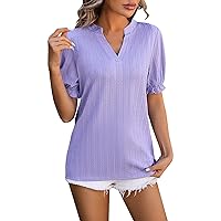 Women's Workout Tops Fashion Casual Bubble Sleeve V-Neck T Shirt Solid Colour Loose Top Blouse, S-2XL