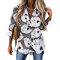 Four Aces Poker Playing Cards Women's Long Sleeve Shirt Button-Down Classic-Fit Tops Casual Blouses