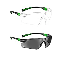 NoCry Clear Safety Glasses for Men and Women; Lightweight Work Glasses with Adjustable Arms and No-Slip Grips & Safety Sunglasses with Green Tinted Wraparound Lenses; Adjustable Arms & No-Slip Grips