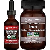 Global Healing Plant-Based Vein Health & Iron Health Kit - Liquid Drops for Blood Flow & Vein Circulation and Vegan Supplement for Blood Support, Natural Energy & Brain Health - 2 Fl Oz & 60 Capsules